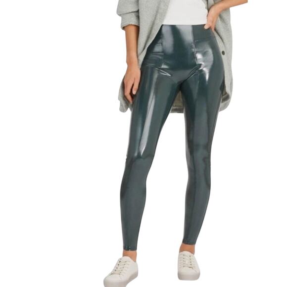Spanx Faux Patent Leather Liquid Gloss Leggings Size M Deep Green Moto 20301R - Picture 2 of 15